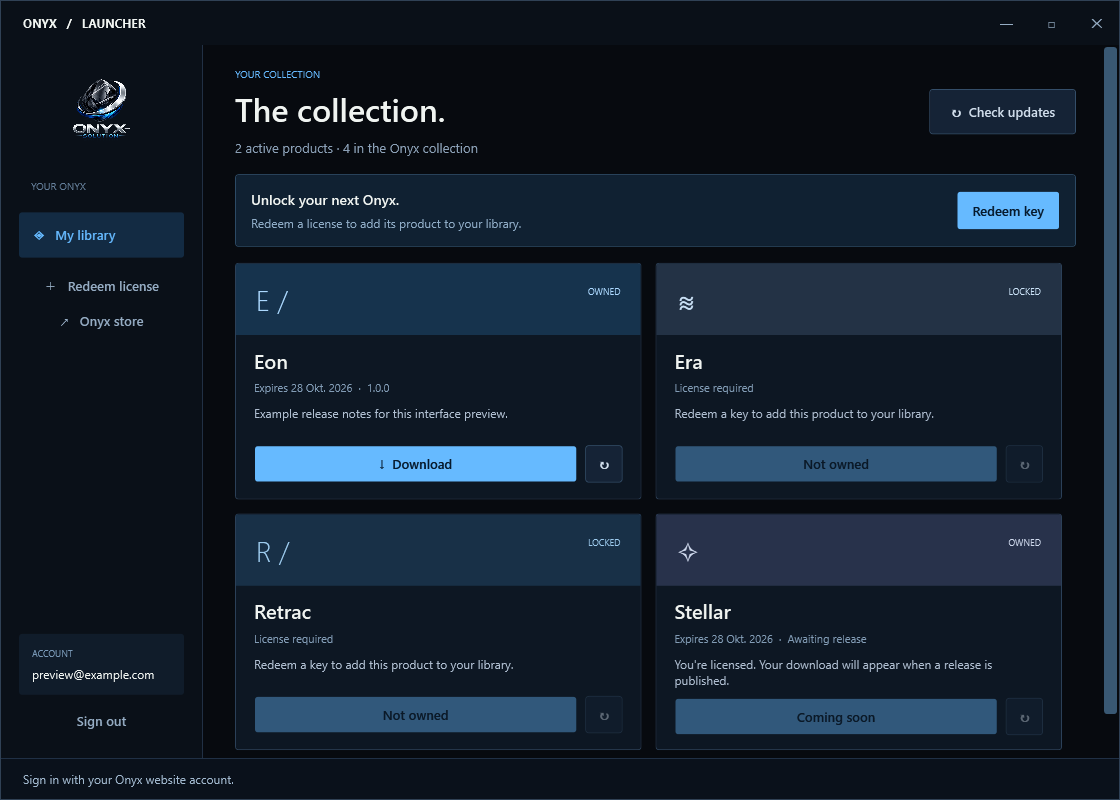 Onyx launcher library showing Eon, Era, Retrac and Stellar